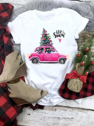 Women Fashion Cartoon Christmas Tree Truck Elk Print Round Neck Short Sleeve Pullover T-Shirt