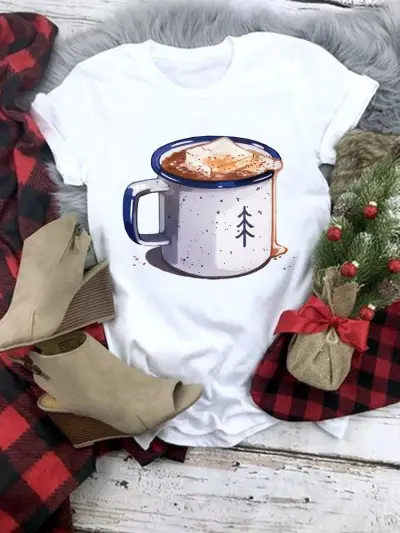 Women Fashion Cartoon Christmas Tree Truck Elk Print Round Neck Short Sleeve Pullover T-Shirt