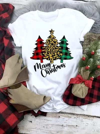 Women Fashion Cartoon Christmas Tree Truck Elk Print Round Neck Short Sleeve Pullover T-Shirt