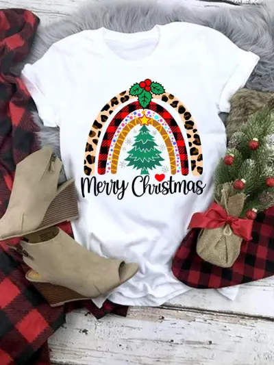 Women Fashion Cartoon Christmas Tree Truck Elk Print Round Neck Short Sleeve Pullover T-Shirt