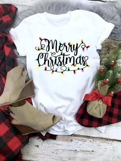 Women Fashion Cartoon Christmas Tree Truck Elk Print Round Neck Short Sleeve Pullover T-Shirt