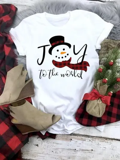 Women Fashion Cartoon Christmas Tree Truck Elk Print Round Neck Short Sleeve Pullover T-Shirt