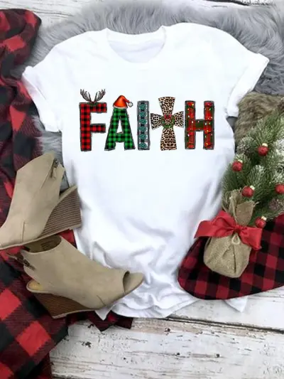 Women Fashion Cartoon Christmas Tree Truck Elk Print Round Neck Short Sleeve Pullover T-Shirt