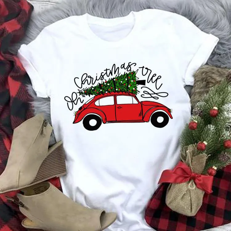Women Fashion Cartoon Christmas Tree Truck Elk Print Round Neck Short Sleeve Pullover T-Shirt