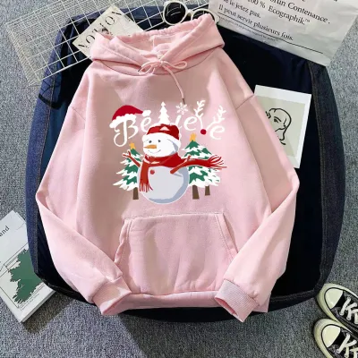 Women Fashion Christmas Snowman Print Long Sleeve Hooded Pullover Sweatshirt