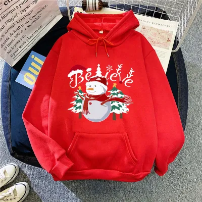 Women Fashion Christmas Snowman Print Long Sleeve Hooded Pullover Sweatshirt