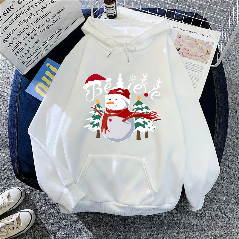 Women Fashion Christmas Snowman Print Long Sleeve Hooded Pullover Sweatshirt