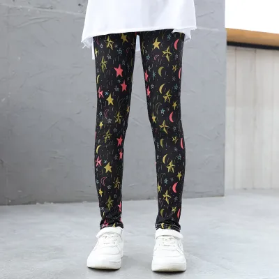 Kids Girls Casual Cute Houndstooth Bow Heart Flower Print Tight Leggings Pants Summer Leisure Milk Fiber Mid-Waist
