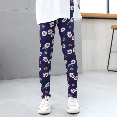 Kids Girls Casual Cute Houndstooth Bow Heart Flower Print Tight Leggings Pants Summer Leisure Milk Fiber Mid-Waist