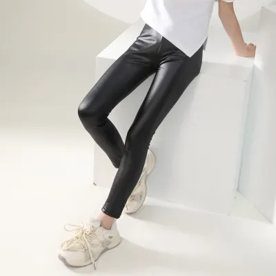Kids Toddler Big Girls Spring Autumn Fashion Casual Basic Solid Color Imitation Leather Leggings Pants