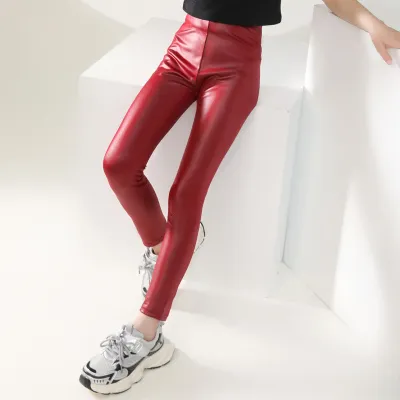 Kids Toddler Big Girls Spring Autumn Fashion Casual Basic Solid Color Imitation Leather Leggings Pants