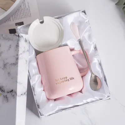 Modern Simplicity Solid Color Ceramic Mug With Lid And Spoon For Office