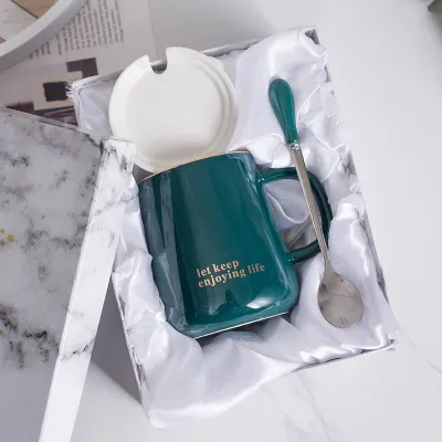 Modern Simplicity Solid Color Ceramic Mug With Lid And Spoon For Office