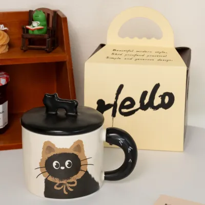 Cartoon Retro Cute Cat Ceramic Mug With Lid Gift Box Home Kitchen