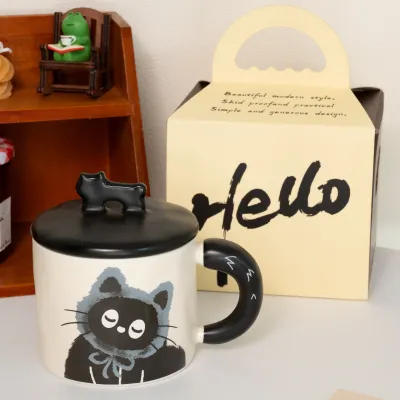 Cartoon Retro Cute Cat Ceramic Mug With Lid Gift Box Home Kitchen