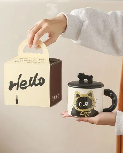 Cartoon Retro Cute Cat Ceramic Mug With Lid Gift Box Home Kitchen