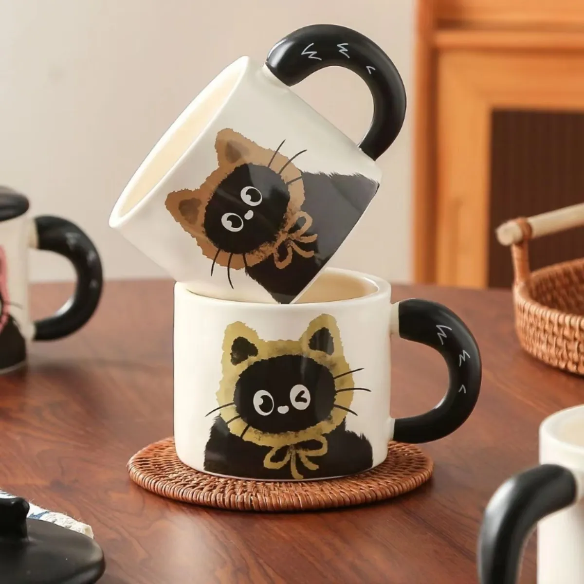 Cartoon Retro Cute Cat Ceramic Mug With Lid Gift Box Home Kitchen