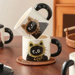 Cartoon Retro Cute Cat Ceramic Mug With Lid Gift Box Home Kitchen
