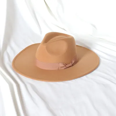Men Fashion Bow Big Brim Jazz Wool Hat Polyester Tapered