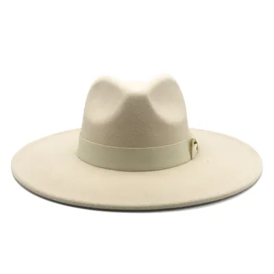 Men Fashion Bow Big Brim Jazz Wool Hat Polyester Tapered