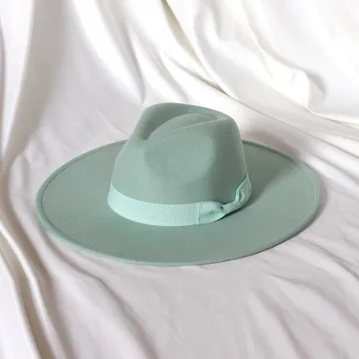 Men Fashion Bow Big Brim Jazz Wool Hat Polyester Tapered