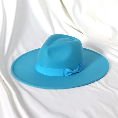 Men Fashion Bow Big Brim Jazz Wool Hat Polyester Tapered