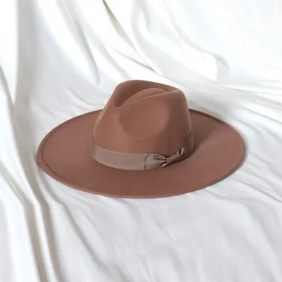 Men Fashion Bow Big Brim Jazz Wool Hat Polyester Tapered