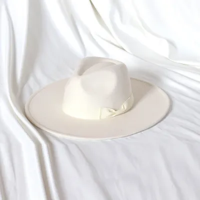Men Fashion Bow Big Brim Jazz Wool Hat Polyester Tapered