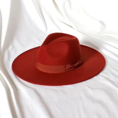 Men Fashion Bow Big Brim Jazz Wool Hat Polyester Tapered