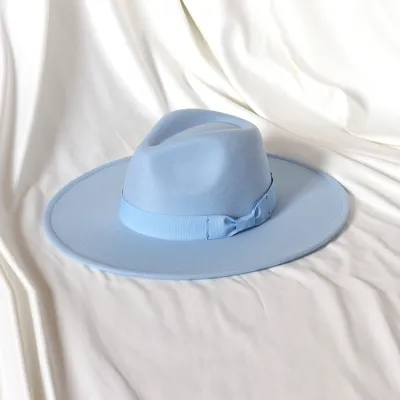 Men Fashion Bow Big Brim Jazz Wool Hat Polyester Tapered