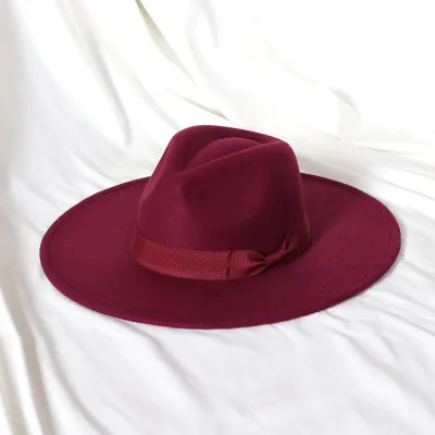 Men Fashion Bow Big Brim Jazz Wool Hat Polyester Tapered