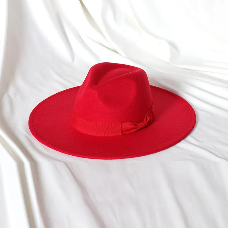 Men Fashion Bow Big Brim Jazz Wool Hat Polyester Tapered