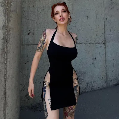 Summer Nightclub Women Fashion Sexy Solid Color Halter Neck Backless Split Dress