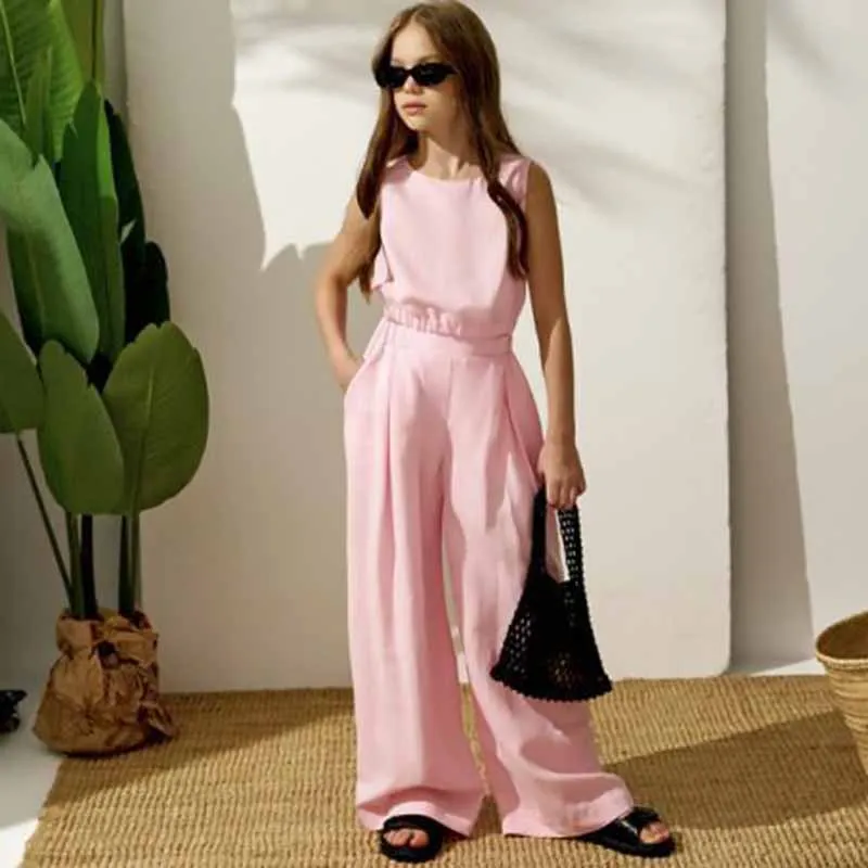 Kids Toddler Girls Summer Casual Solid Color Linen Cotton Sleeveless Tank Top and Pants Set