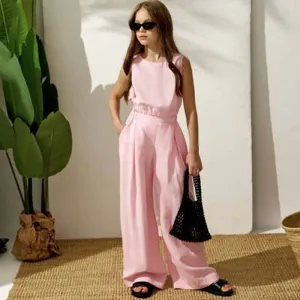 Kids Toddler Girls Summer Casual Solid Color Linen Cotton Sleeveless Tank Top and Pants Set