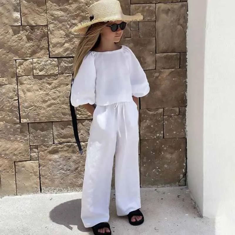 Kids Toddler Girls Summer Casual Solid Color Linen Long Sleeve Blouse Trouser Set