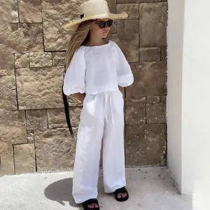 Kids Toddler Girls Summer Casual Solid Color Linen Long Sleeve Blouse Trouser Set