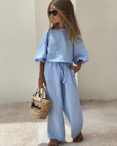 Kids Toddler Girls Summer Casual Solid Color Linen Long Sleeve Blouse Trouser Set