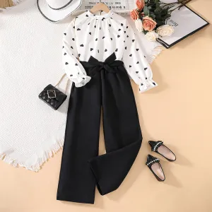 Kids Toddler Big Girls Spring Fashion Casual Heart Print Long Sleeve Blouse and Solid Color Trousers Set