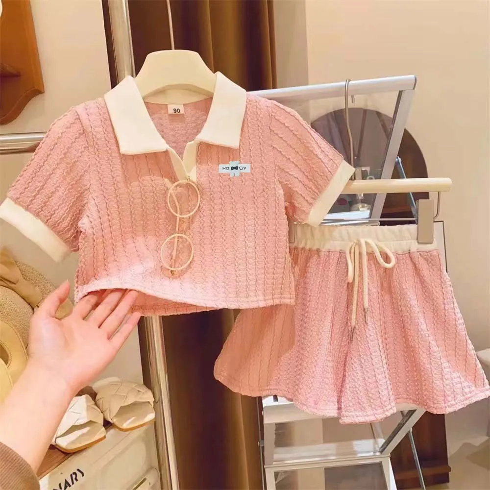 Kids Toddler Big Girls Summer Casual Cute Short Sleeve Lapel Blouses Shorts Set Two-Piece