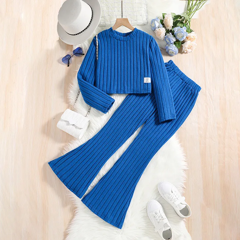 Kids Toddler Big Girls Spring Fashion Casual Solid Color Rib-Knit Long Sleeve Top Flare Trousers Set