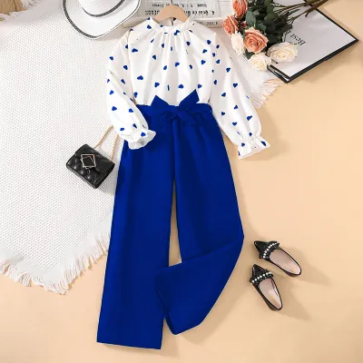 Kids Girls Clothing Heart Print Long Sleeve Blouse and Pants Set Casual Spring Outfit