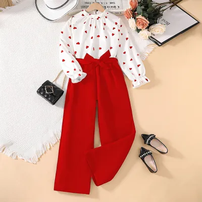 Kids Girls Clothing Heart Print Long Sleeve Blouse and Pants Set Casual Spring Outfit