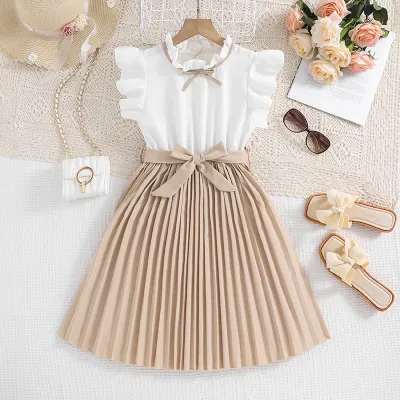 Kids Girls Clothing Summer Fashion Fluttering Sleeve Pleated A-Line Dress
