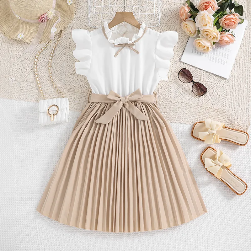 Kids Girls Clothing Summer Fashion Fluttering Sleeve Pleated A-Line Dress