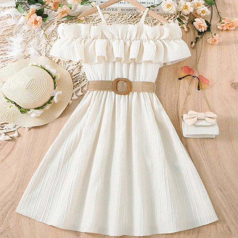 Kids Toddler Big Girls Summer Casual Cute Solid Color Ruffled Off Shoulder Strap Dress
