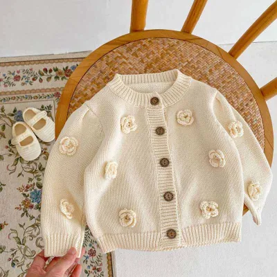 Kids Baby Girls Autumn Winter Casual Cute Flower Long Sleeve Cardigan Knitted Sweater