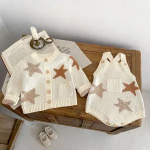 Kids Baby Girls Autumn Winter Casual Cute Star Long Sleeve Knitted Cardigan Sweater and Shorts Set