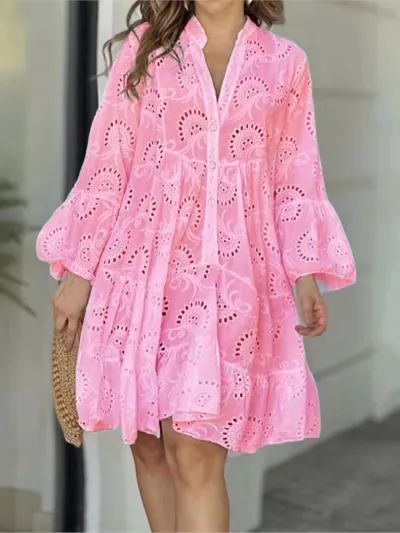 Women Casual Cotton Princess Dress V-Neck Hollow Midi Dress