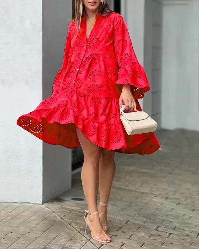 Women Casual Cotton Princess Dress V-Neck Hollow Midi Dress